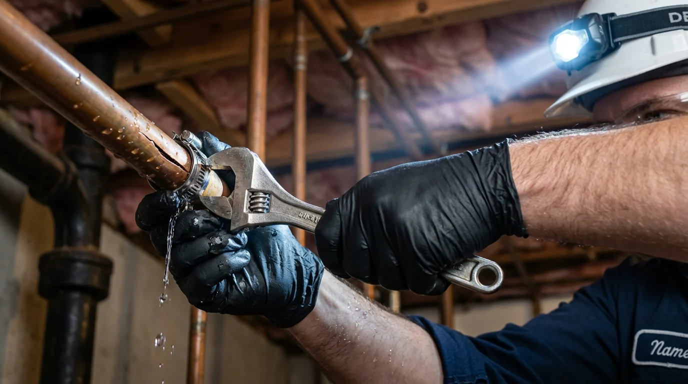 Emergency pipe clamp repair being performed by a Johns Plumbing LLC plumber in Citronelle