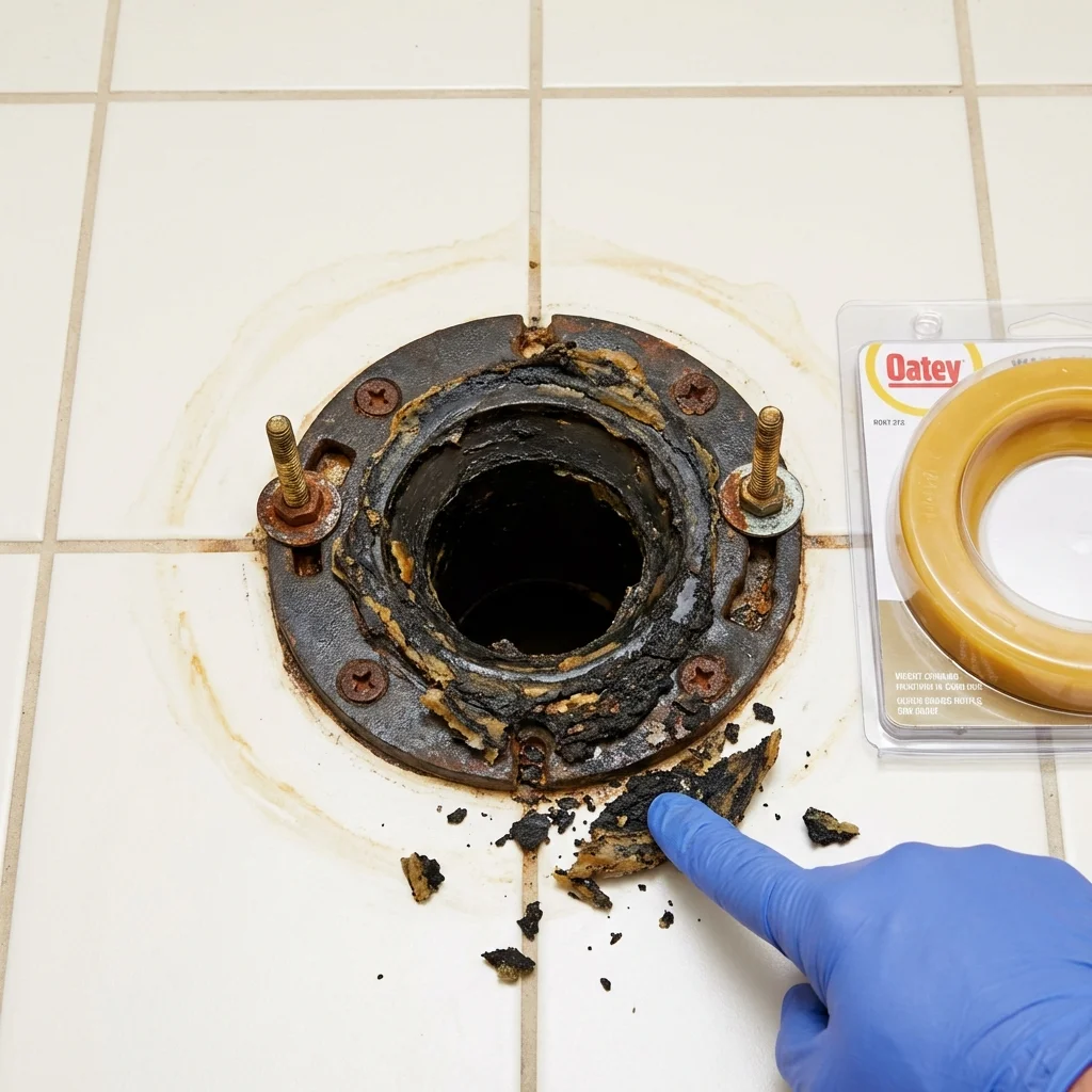 Failed wax ring showing water seepage at the base of a toilet in a Citronelle, AL home