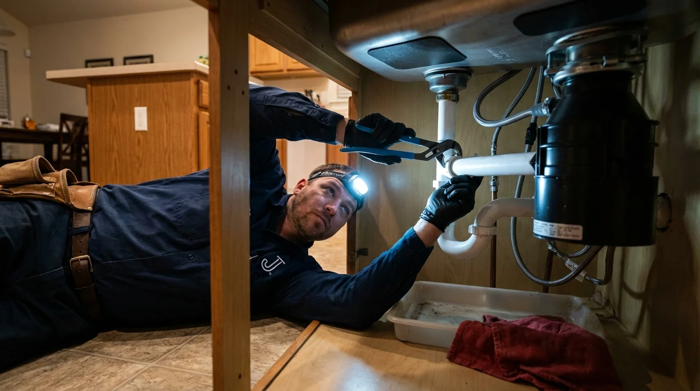 P-trap and supply line connections under a kitchen sink showing a common leak point in Citronelle, AL
